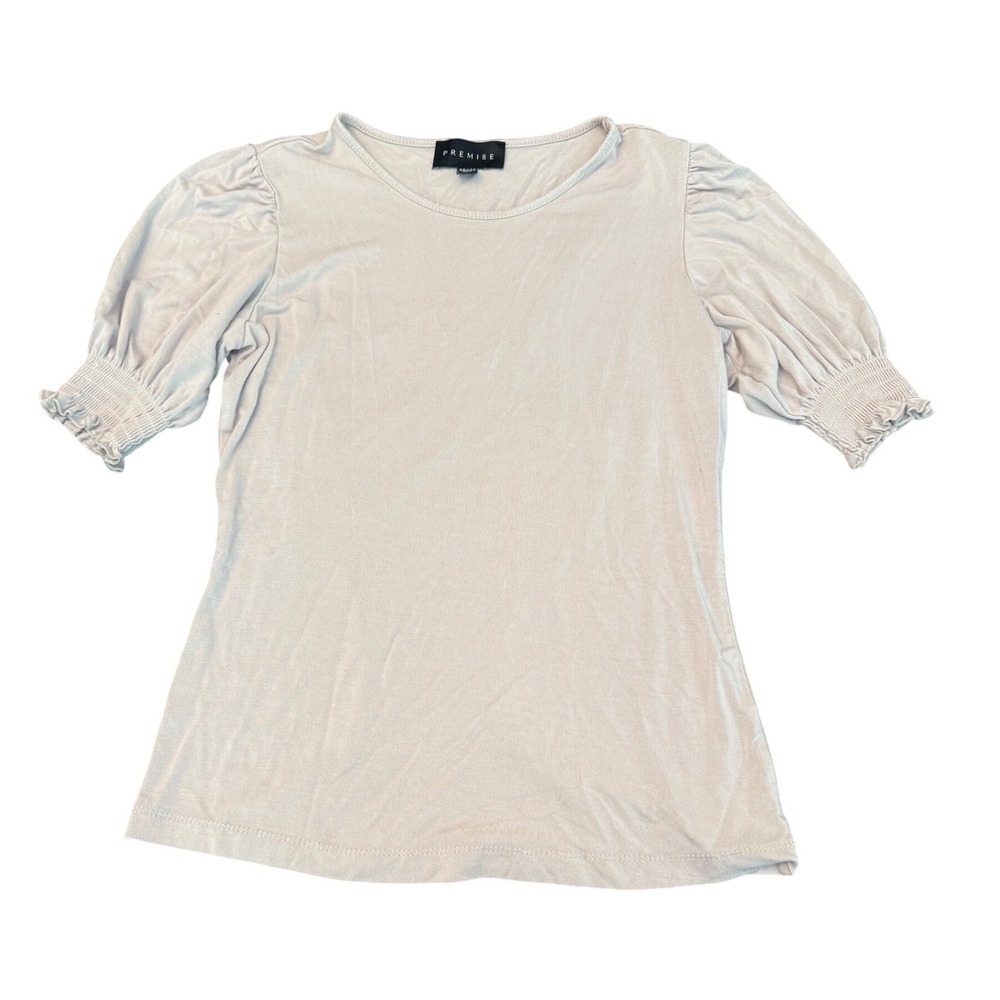 Premise Womens XS Puff Sleeve Smocked Cuff Top Beige Crew Neck Knit Shirt